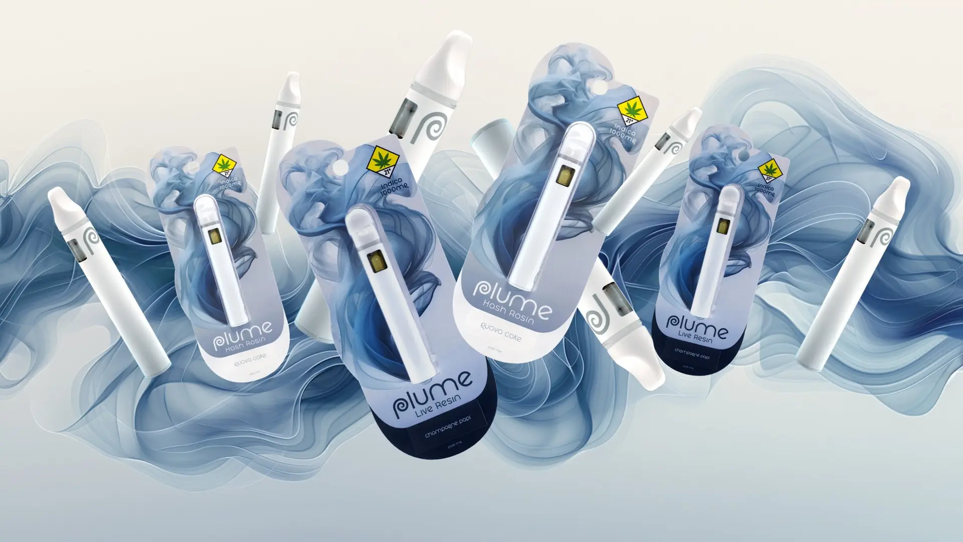 Plume vapes photographed against their colorful packaging
