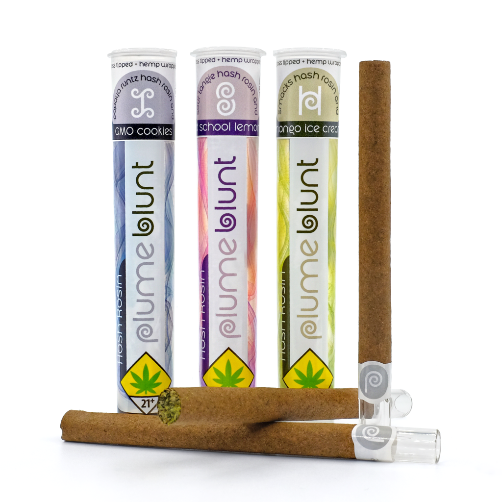 Plume hash rosin infused blunts with labeled glass tubes
