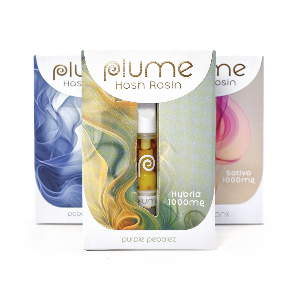 Plume hash rosin 510 cartridges in hybrid, indica and sativa boxes