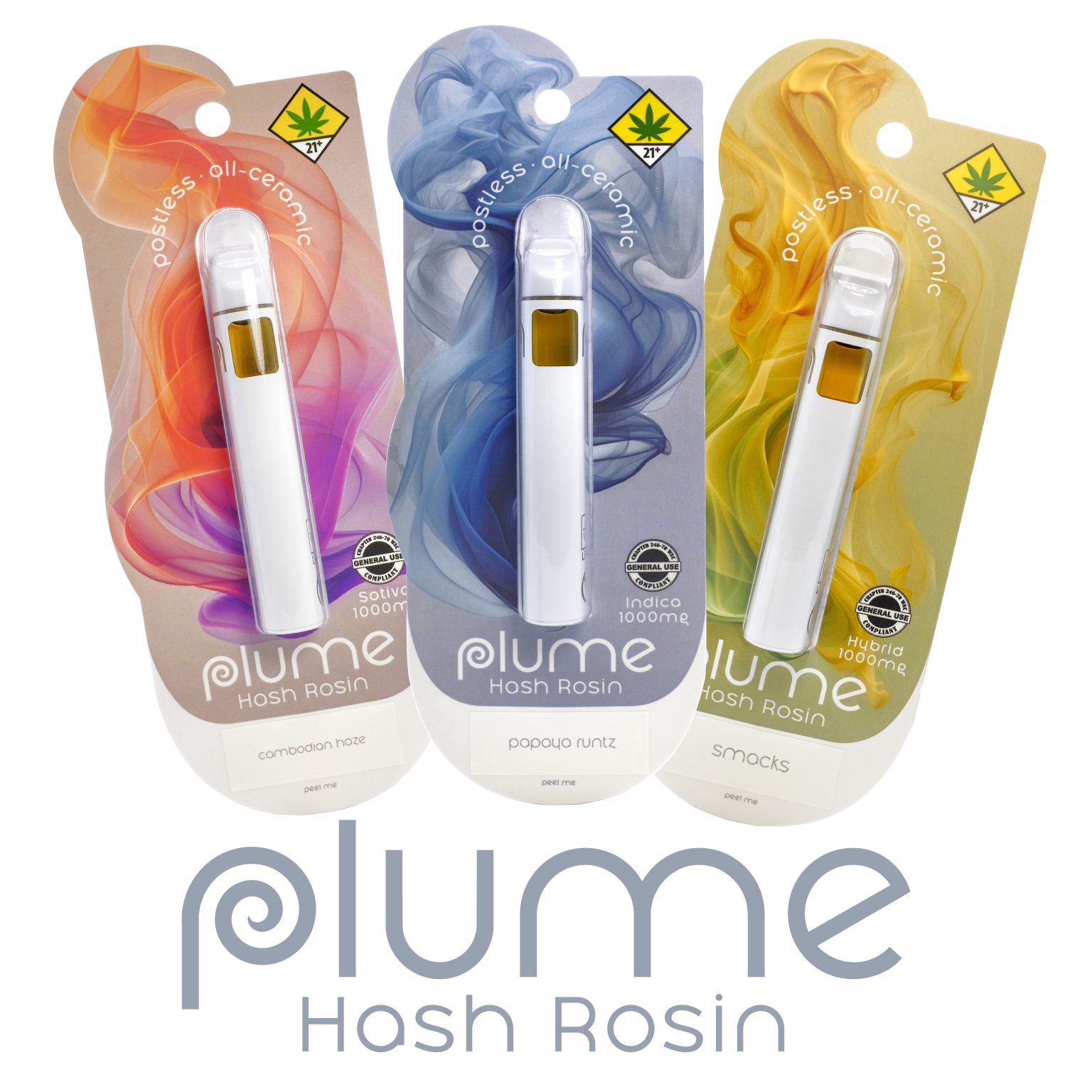 Plume hash rosin all-in-one vapes in sativa, indica and hybrid packaging
