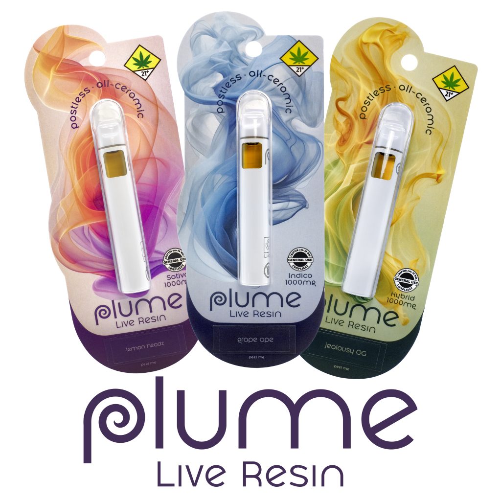 Plume live resin all-in-one vapes in sativa, indica and hybrid packaging
